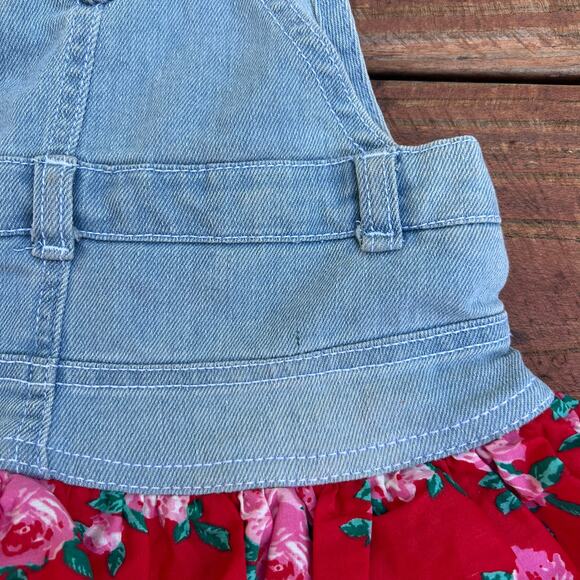 Betsey Johnson Denim Overall Dress 2T Floral Jumper Ruffle Skirt Red Rose Print - Picture 11 of 16